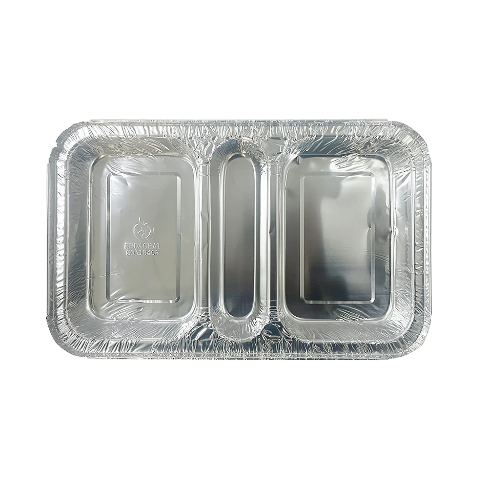 Wholesale Food Packaging Aluminum Foil Take-Out Pan Disposable 3-compartment Oblong Aluminum Foil Container