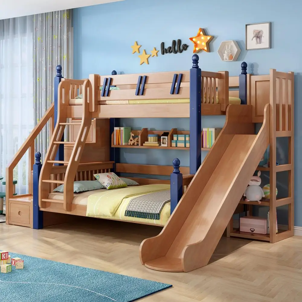 
 Amazon цветная новейшая умная Современная дизайнерская кровать из массива дерева, детские двухъярусные кровати с ящиком для хранения или лестницей  