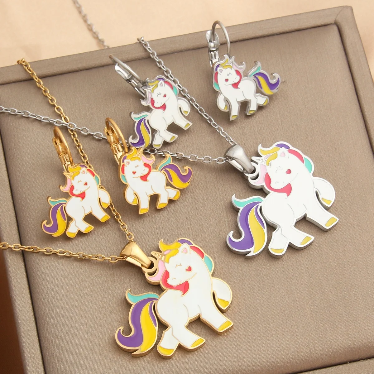 Children kids little young girls jewelry set 18k gold plated animal unicorn insect dragonfly ladybug necklace earrings set