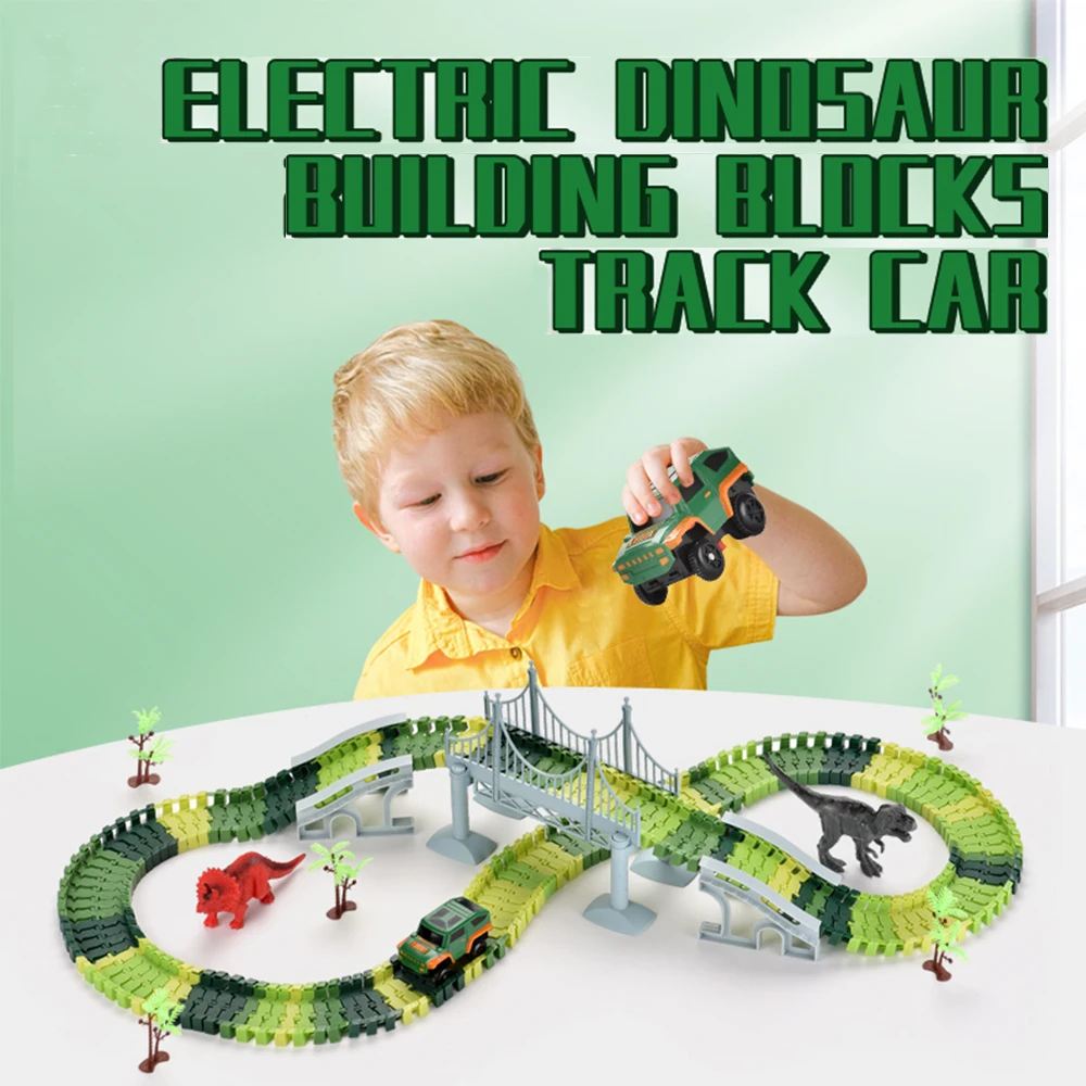 Newest electric rail car toy assembled dinosaur building block track slot toy railway toy cars for kids