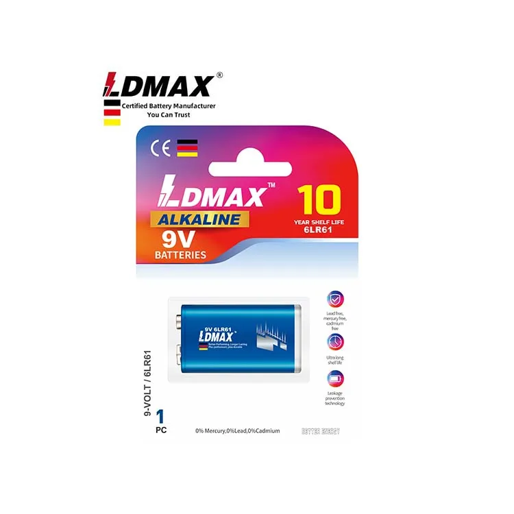 LDMAX CE KC Battery price Piles Baterai 9 v 6lr61 Bateria 9v Alkaline Battery for 9v smoke alarm vibrator clock movement