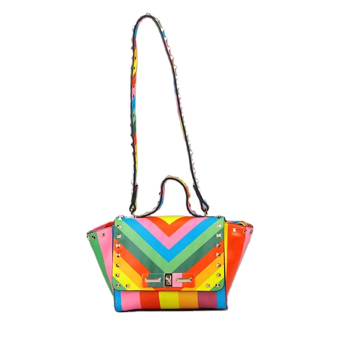 3759 Wholesale China Fashion beautiful rainbow printing high quality ladies PU leather mini satchel bags