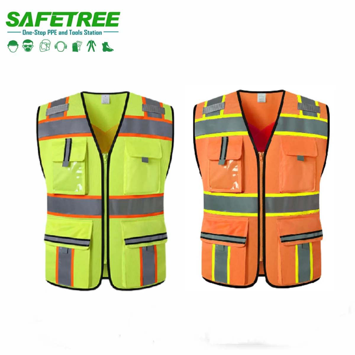 CE ANSI Standard Industrial 120/60 gsm Apparel Zipper Closure Safety Vest Reflective Jacket with Reflector and Multiple Pockets