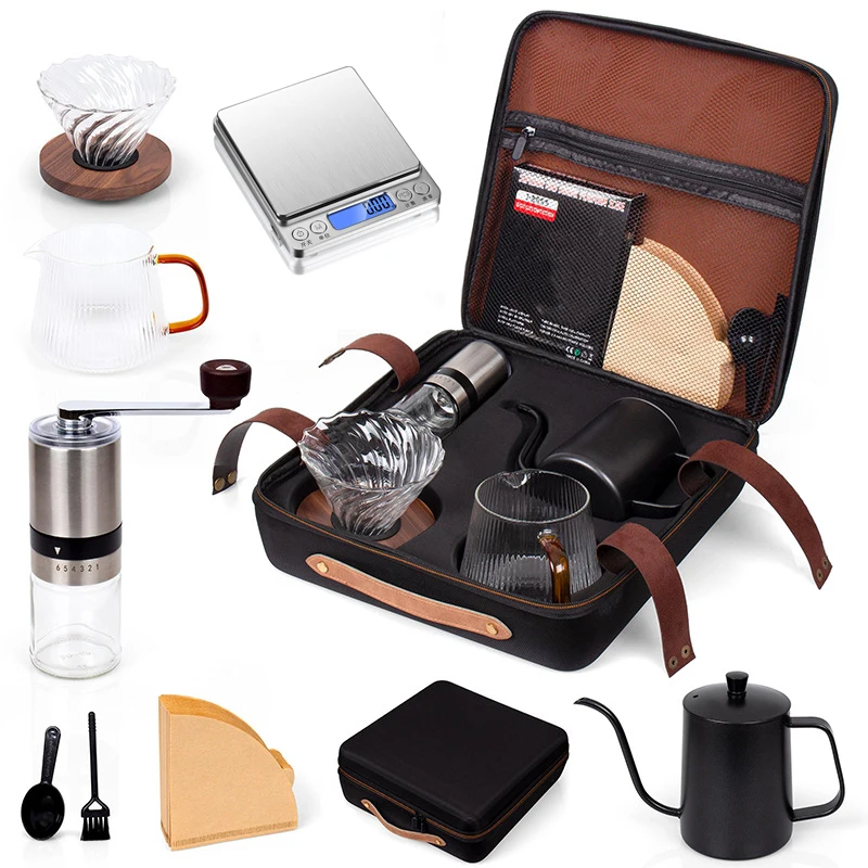 Premium Classic Espresso Travel Drip Pour Over Coffee Maker Set Kit with Manual Grinder Filter Kettle Gift Set