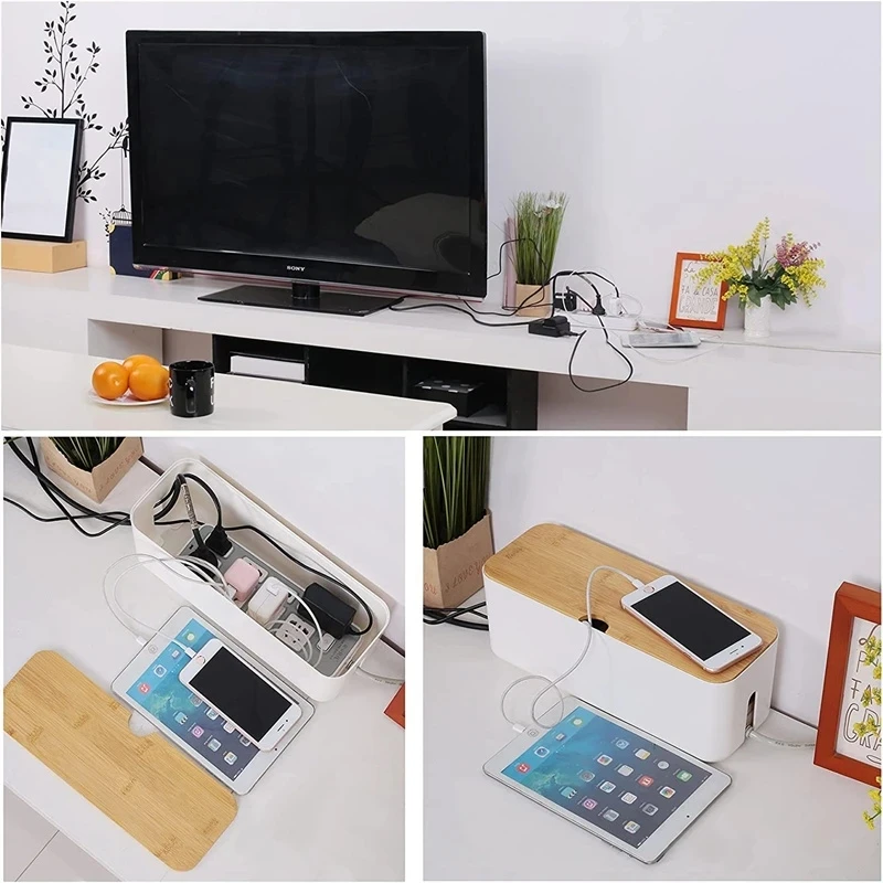 DS1839 Wooden Style Large Cord Organizer Box Cable Winder Organizer Cable Storage Box Desk Computer Cable Organizer Box