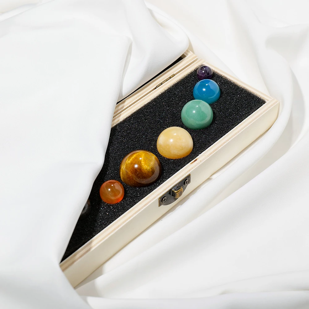 Wholesale Natural Nine planets set Healing Stones Decoration Wooden box packaging