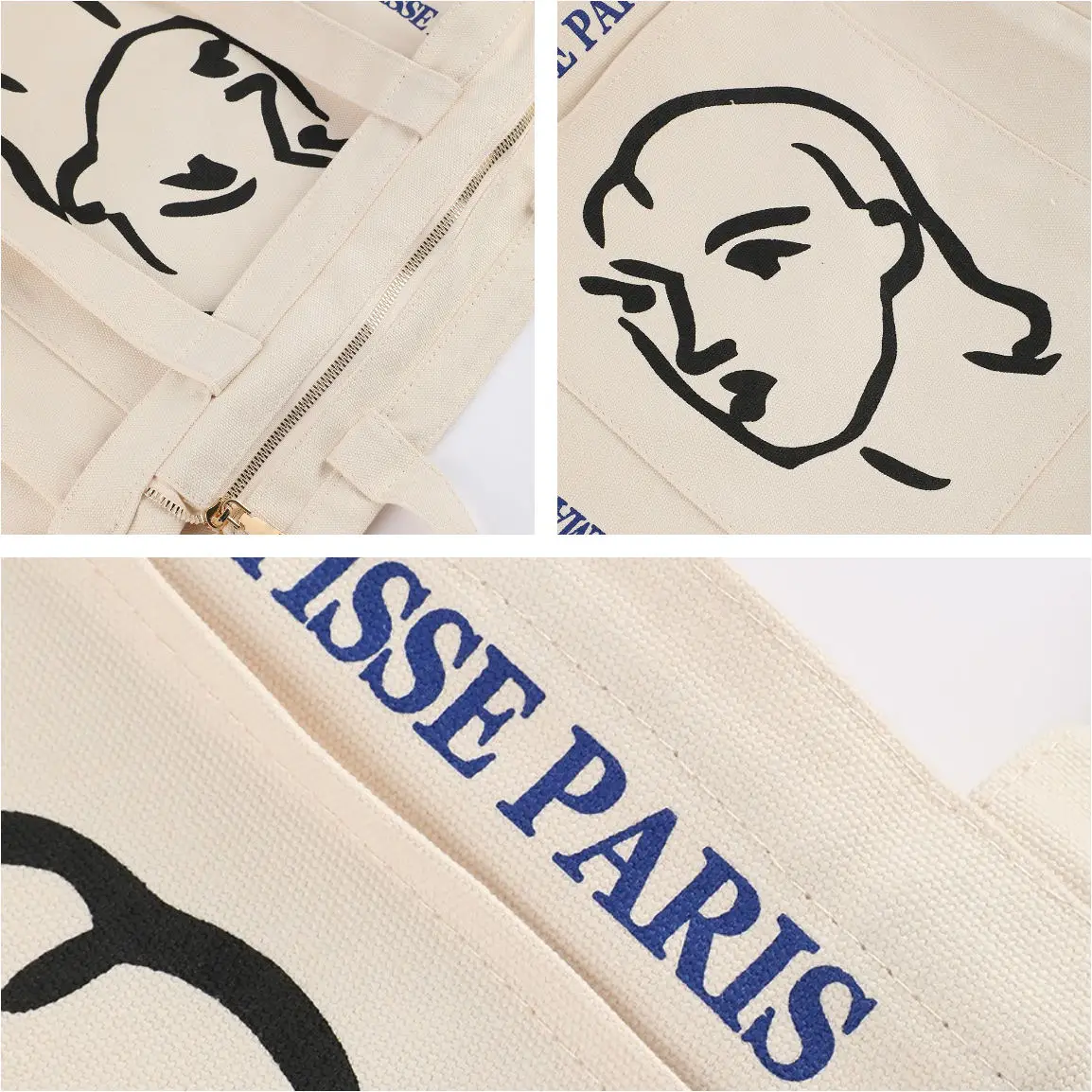 LOW MOQ Custom logo Printed Calico Cloth Organic Cotton Canvas Tote Bag With Outside Pocket and Zipper for College Students