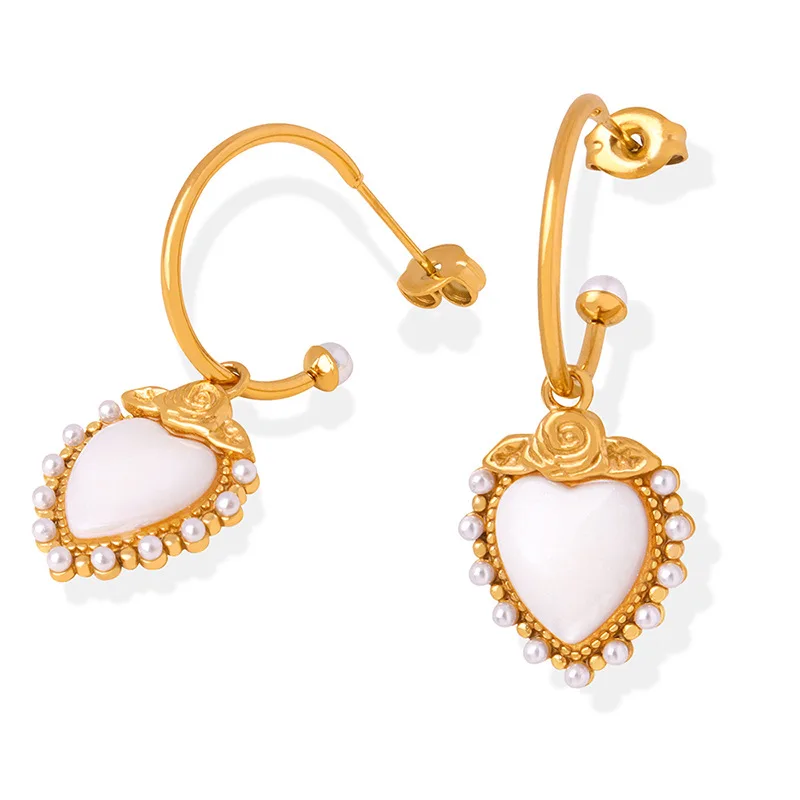European and American Exaggerated Freshwater Shell Love Heart Earrings Shell Pearls Titanium Steel Gold Plated
