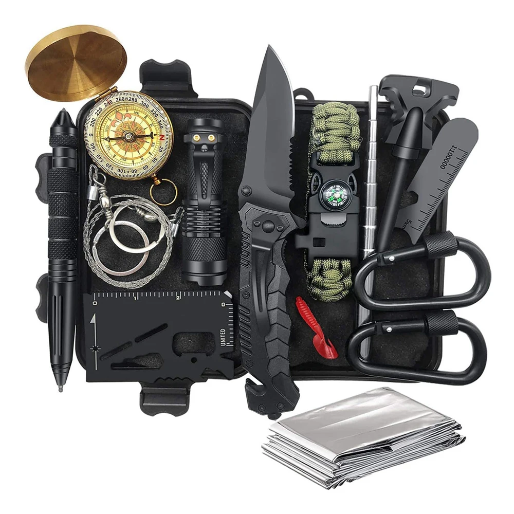 Military Outdoor Travel Mini Aid Kit Emergency Multifunct Survive Wristband Whistle Blanket Knife Camping Tools