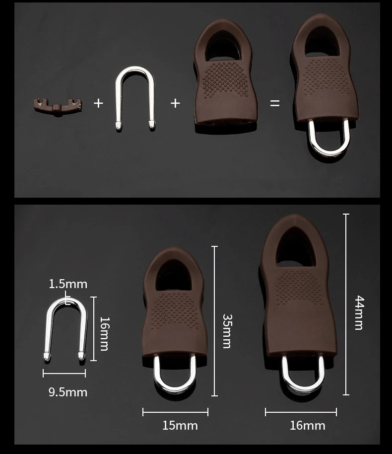 Brown Black Removable Metal Rubber Zip Puller Replacement Detachable Zipper Slider