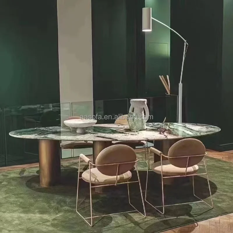 Ready to Ship Oval Marble Top and Metal Leg Dining Room Table with Bench for 8 People