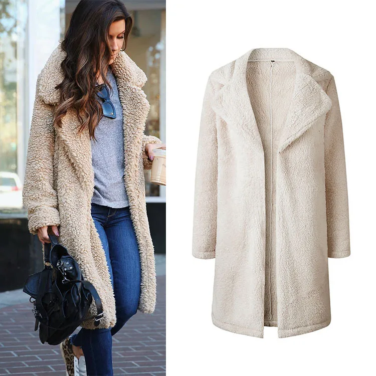 Wholesale Elegant Trend Blank Casual Long Lambswool Furry Polyester Manteaux Puffy Coats For Women