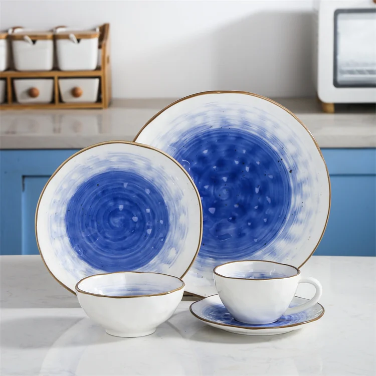 Elegant hand painted luxury home goods 16pcs ceramic royal blue teller dinnerware sets kitchen dinnerware for gift