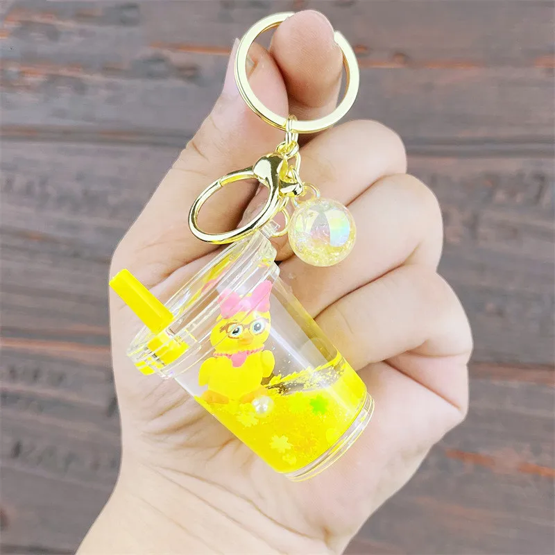 New Cute cartoon Acrylic Liquid Key chain Boba Tea Liquid Keychain Milk Tea Cup Bottle Key Chain Floating Anime Bag pendants
