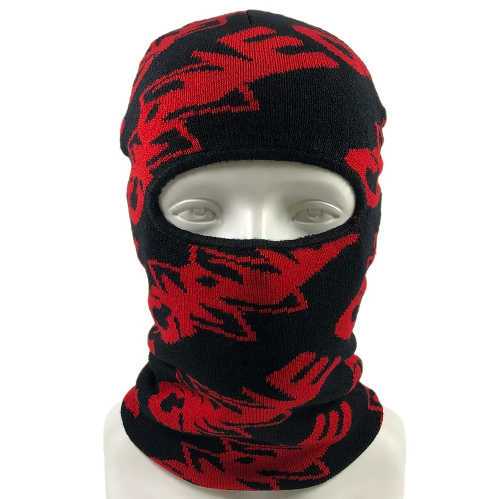 OEM all over printing sublimated jacquard red balaclava beanie one hole windproof face cover custom fashionable ski mask
