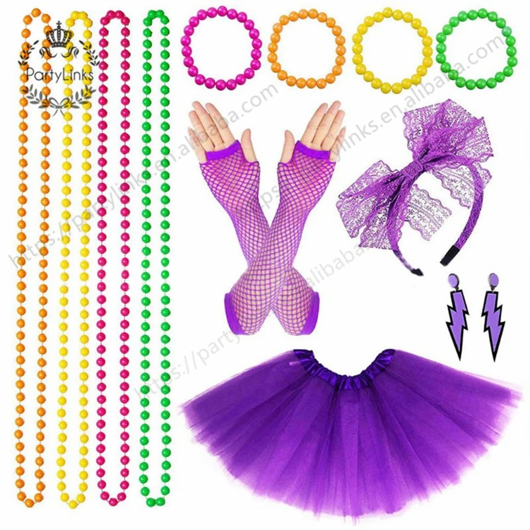 Women 80s Fancy Dress Accessories Retro Party Costume Set Adult Tutu Skirt Neon Fishnet Gloves Beaded Necklace Bracelet Earrings