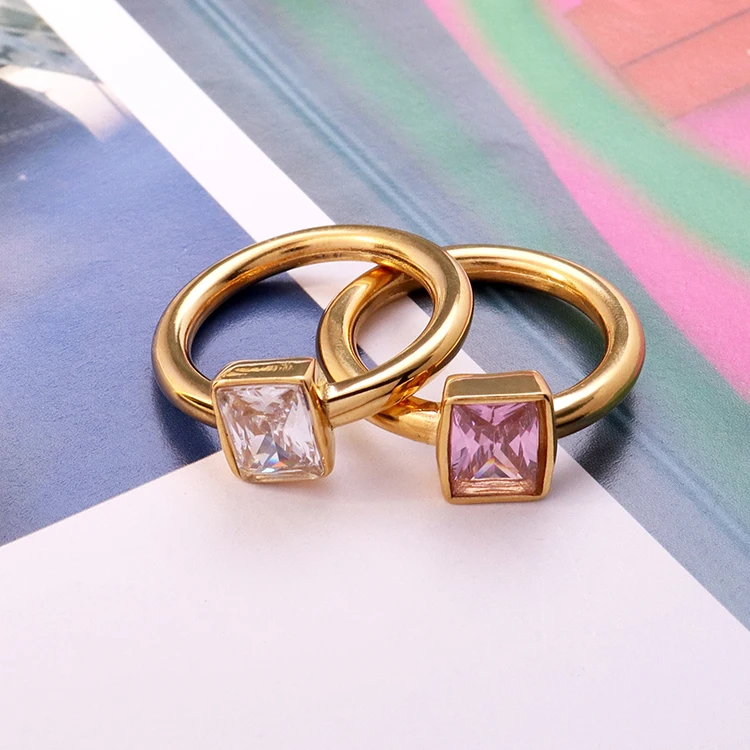 Waterproof High Quality Stainless Rings Gemstones Wedding Rings Gold 18k Couple Square Zircon Clear Pink Stone Ring for Gift