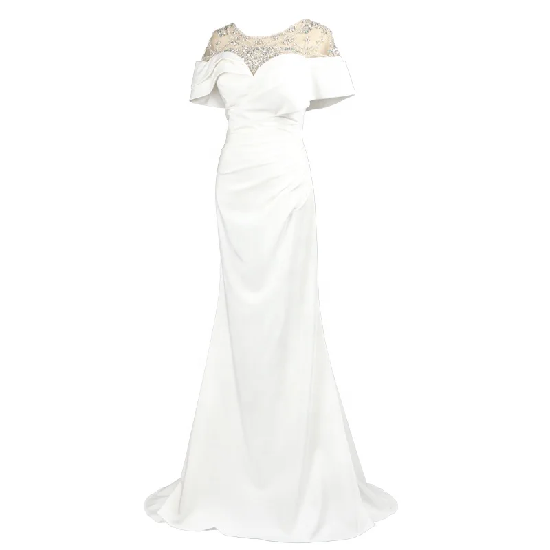 White evening dress slim-looking, hip-wrapped fishtail  gown dress