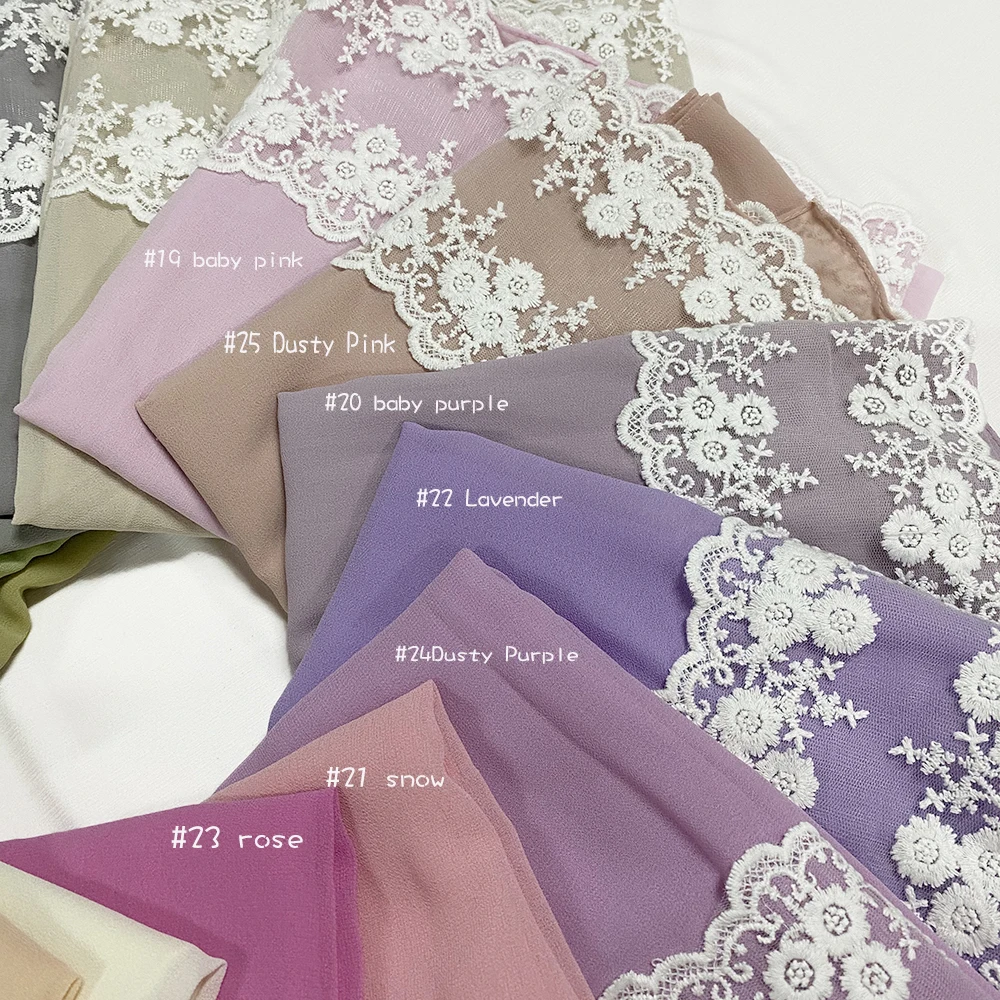 2022 Trendy Women Embroidered Lace Hijab Stitching Chiffon Scarf Hijabs Long Size White Lace Elegant Shawls Wrap Foulard