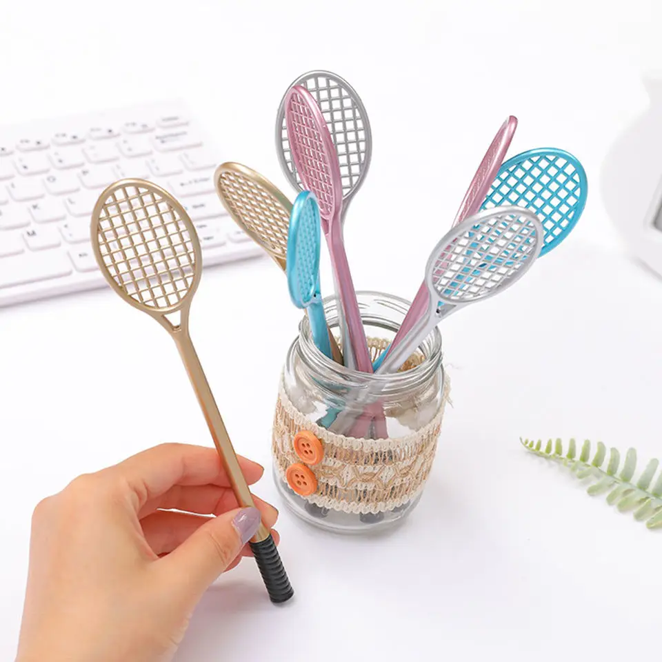 Cute Tennis Racket Shape Writing or Decoration Gel Ink Pen for Home Office School Student Black  0.38 mm Tip 4 Colors Casing