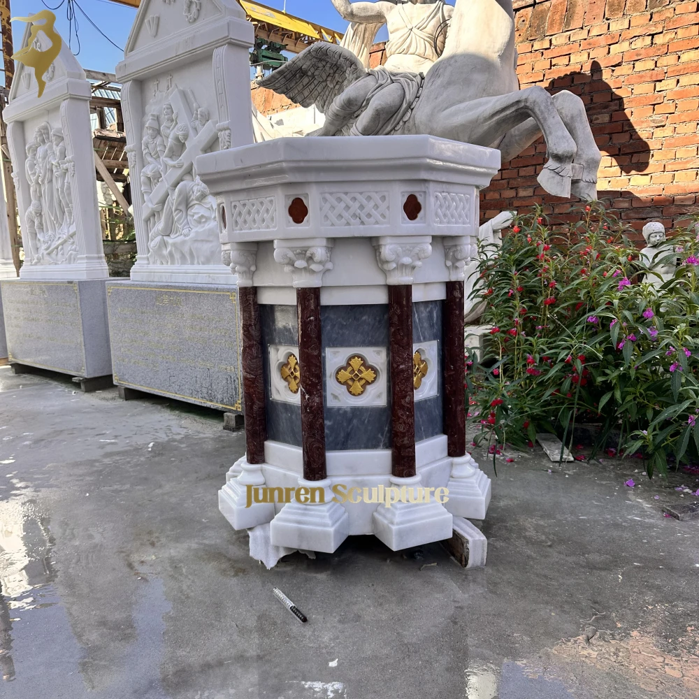 Hand Carved Religious Holy Cross Natural Stone Baptistery Marble Baptismal Font Catholic