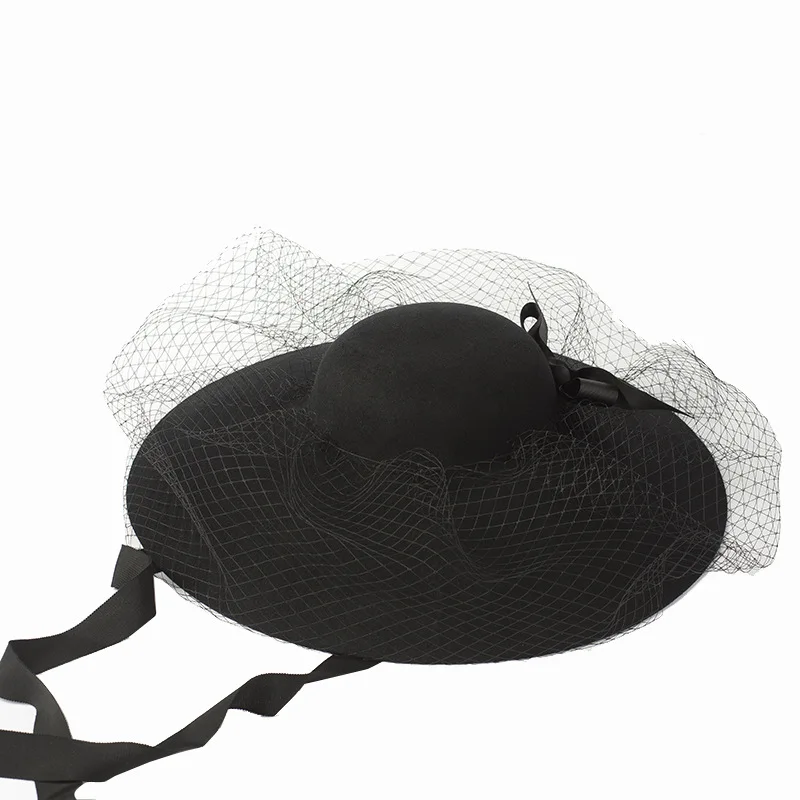 black Womens Wool Felt Floral Veil Netting Feather Wide Brim Derby Hat