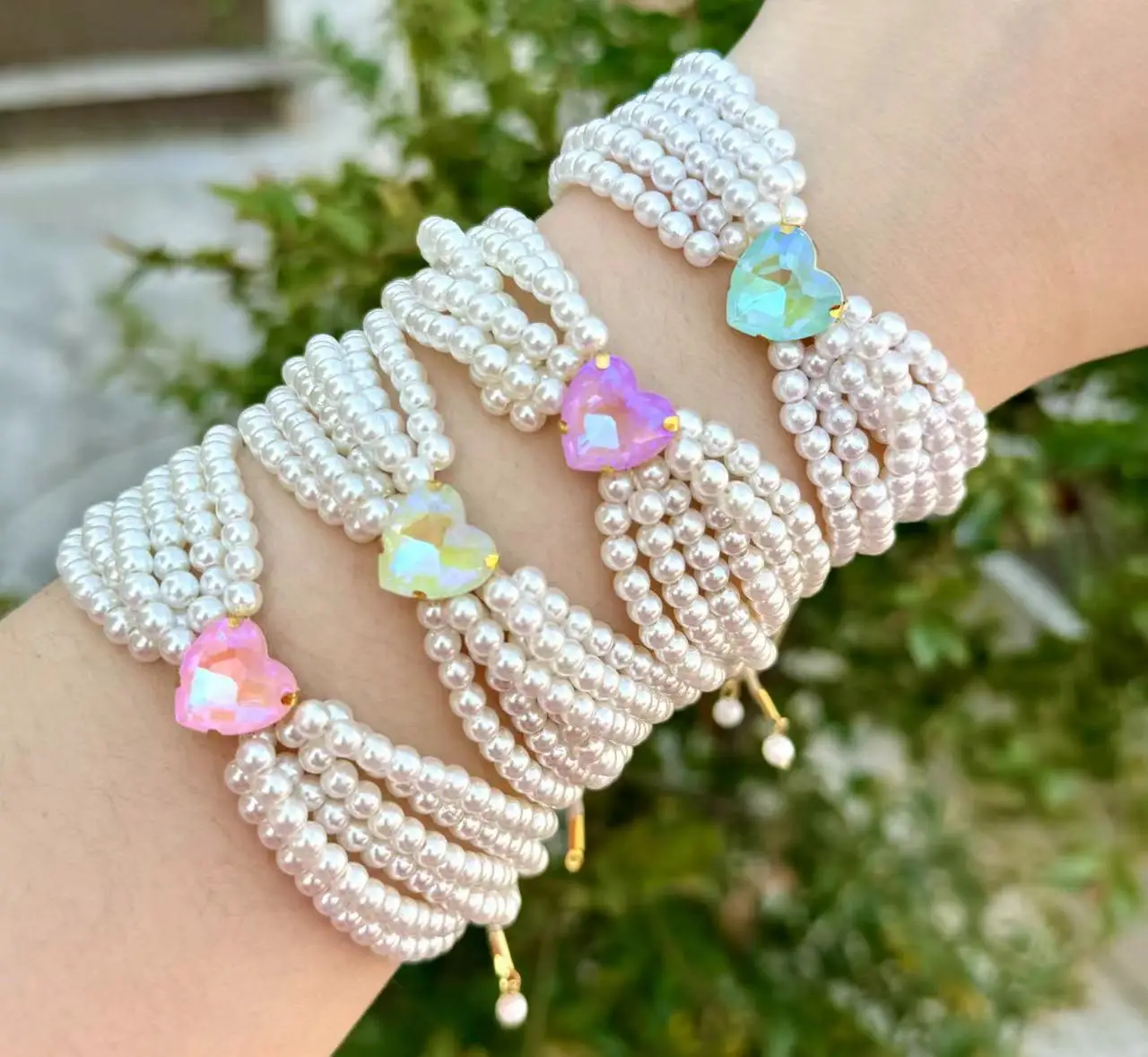 New fashion design colorful crystal heart charm imitation pearl bracelet adjustable pretty jewelry fine bracelet party jewelry