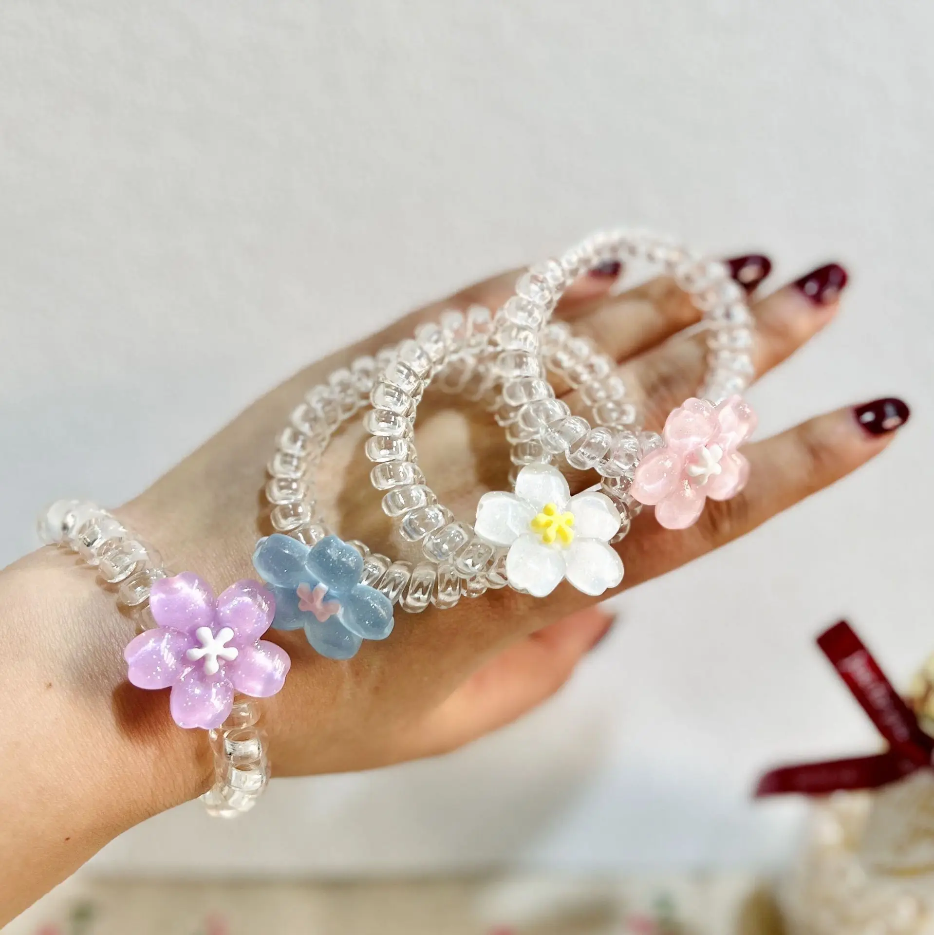 Cherry Blossom Phone Line Hair Tie Transparent New High Elastic Sweet Small Flower Fresh Headband Versatile Outer Wear Hair Rope