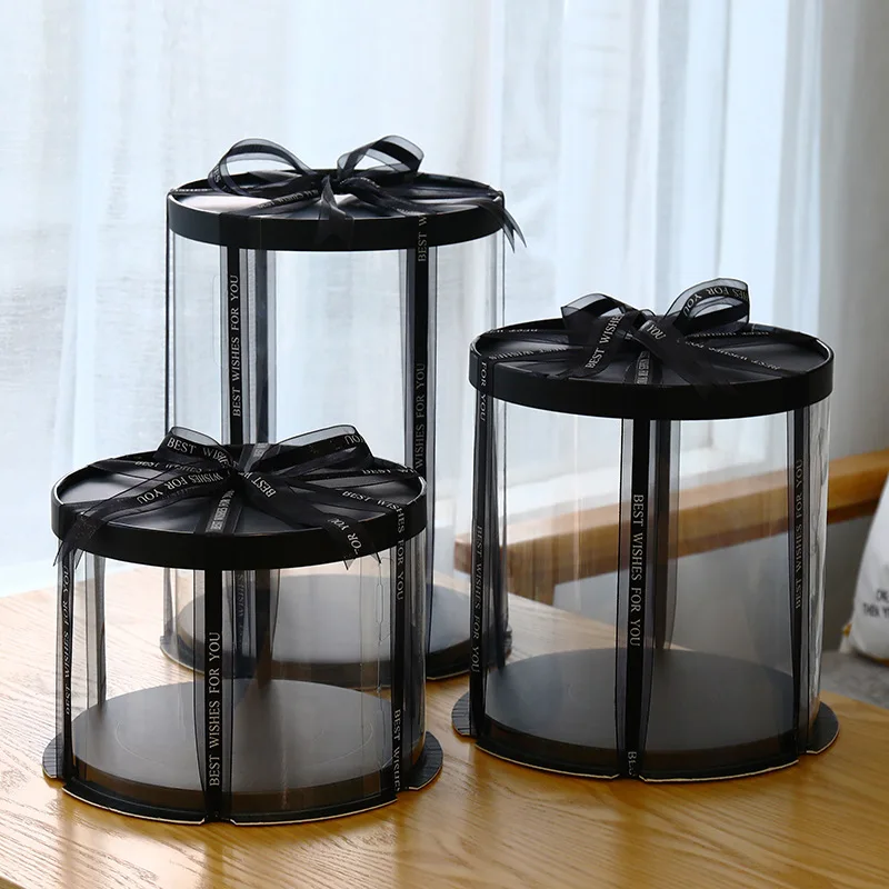 In Stock Transparent Black Round Cake Box 6/8/10Inch Bake Cake Packaging Box Gift Box