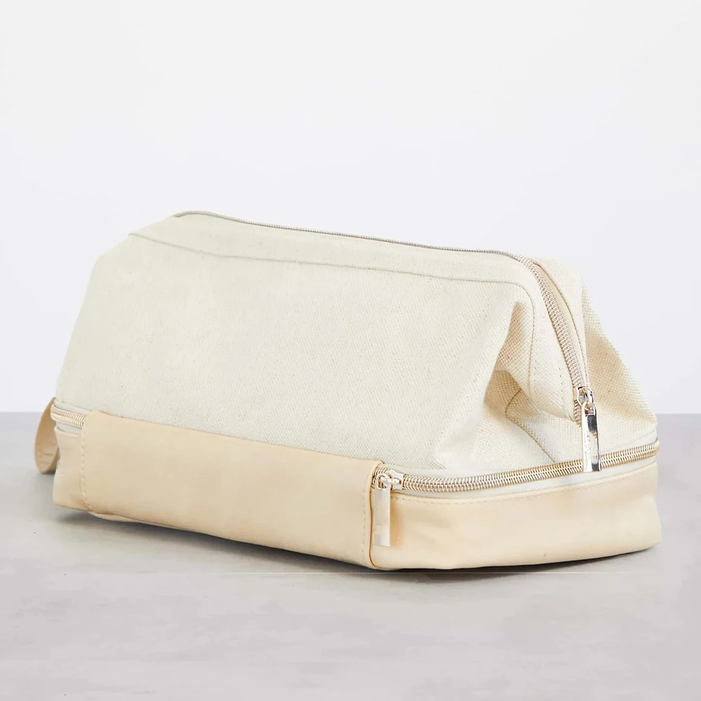 New Style Two Layer Canvas Large Zipper Pouch Zipper Makeup Pouch Wide Open Makeup Bags for Cosmetics