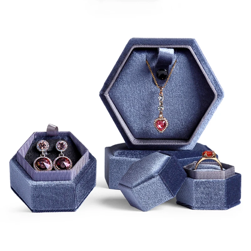 
Custom velvet hexagon assorted jewelry box gift packaging velvet ring necklace pendant earring box 