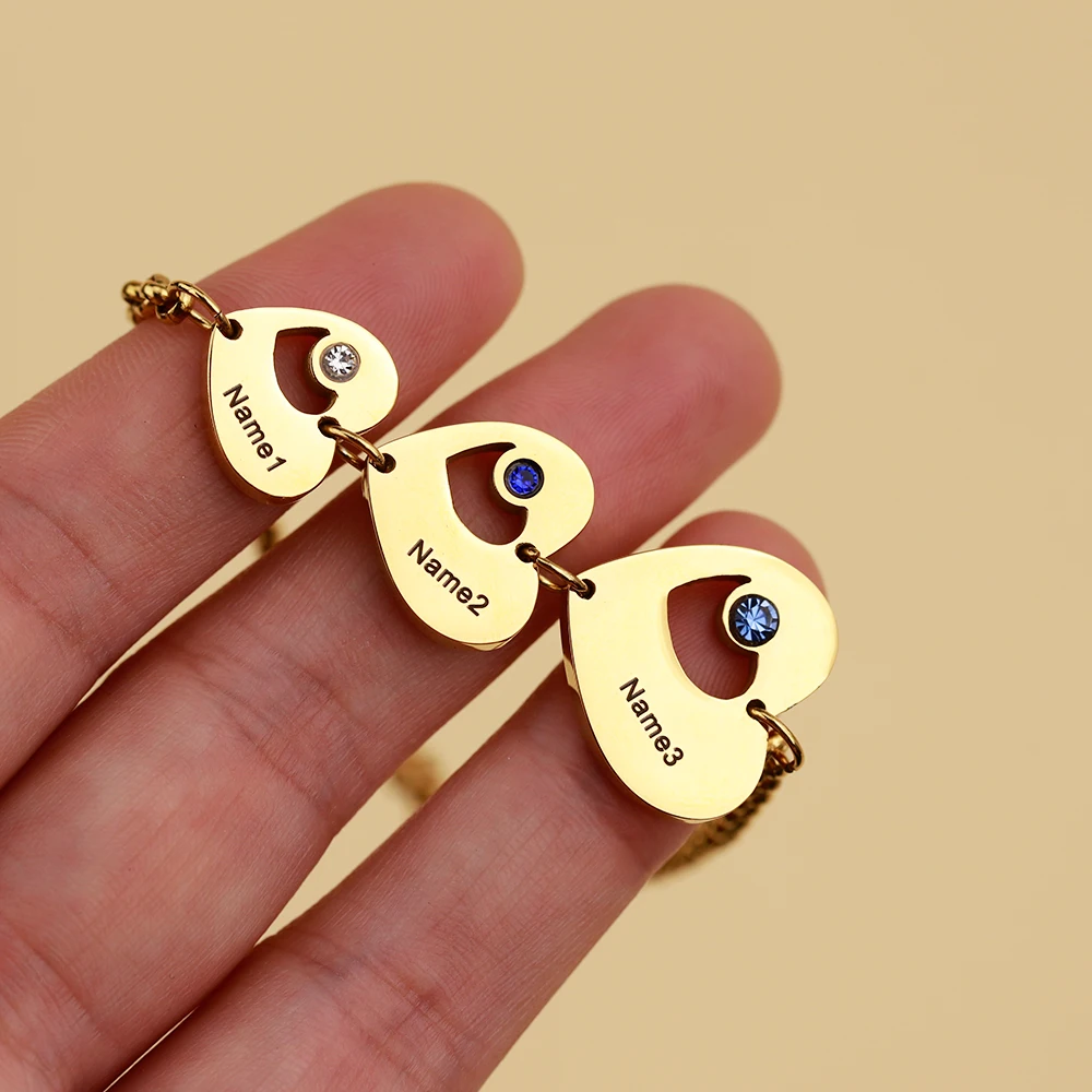 Personalized Jewelry Dainty 3 Hollow Heart Shape Charm Bracelet Name Engravable Heart Charm Connected Bangle
