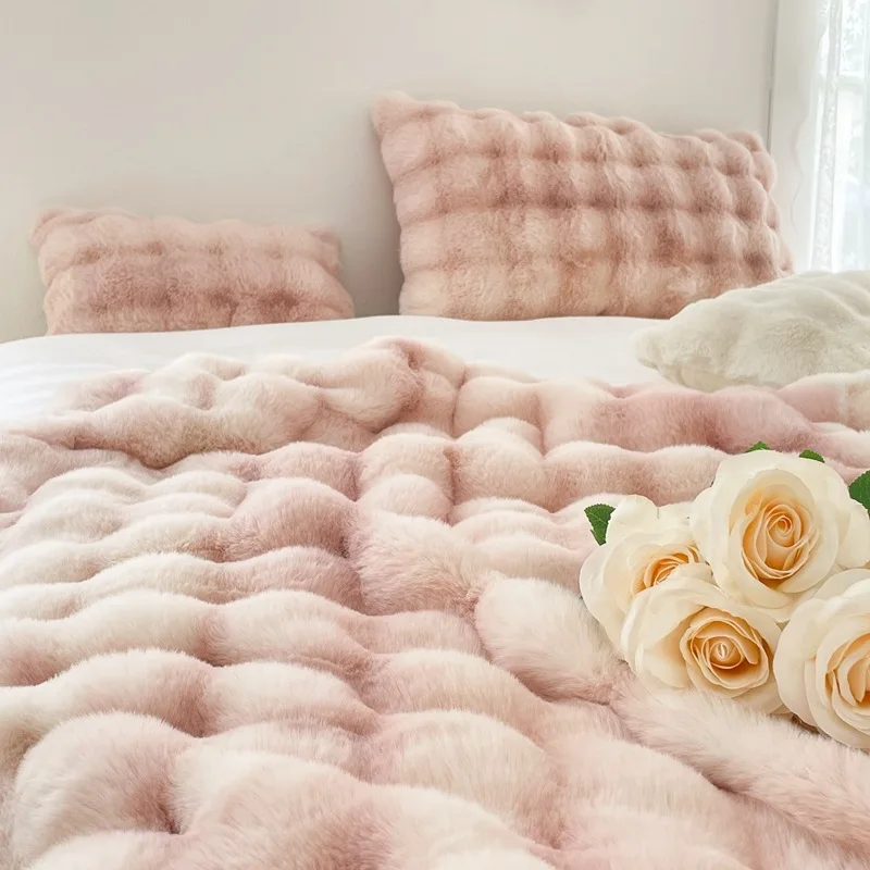 Fur thick bubble fleece warm home decor sleeping blanket throws sofa winter bed blanket