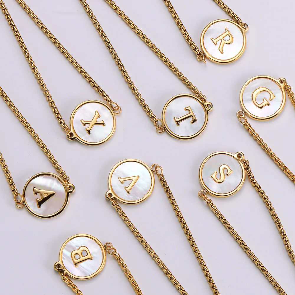 Fashion A-Z Women Box Chain Stainless Steel Bracelet Round Square Shell Initial Alphabet Charm Letter Bracelet