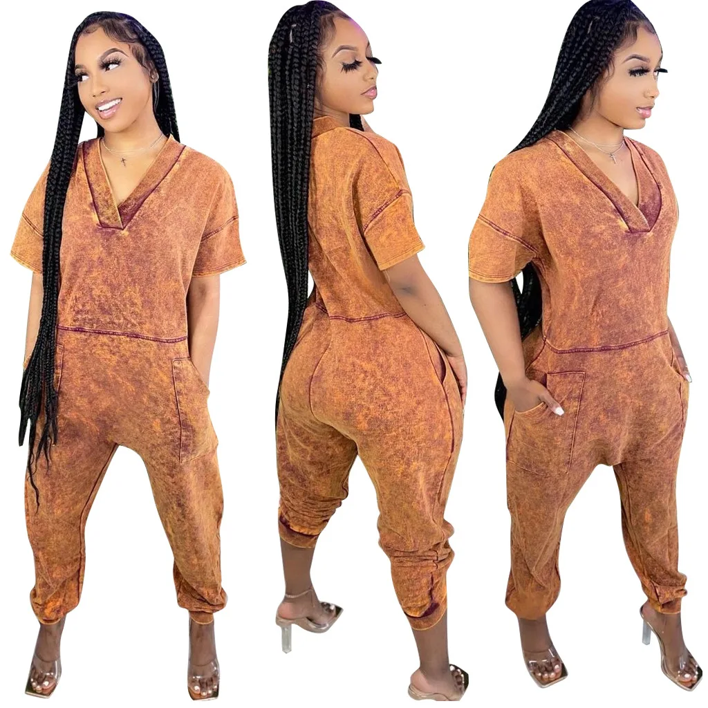 MDJP04-2202 2022 New Product Tie Dye Rompers Comfortable Loose V Neck Short Sleeve Women One Piece Sets Jumpsuits