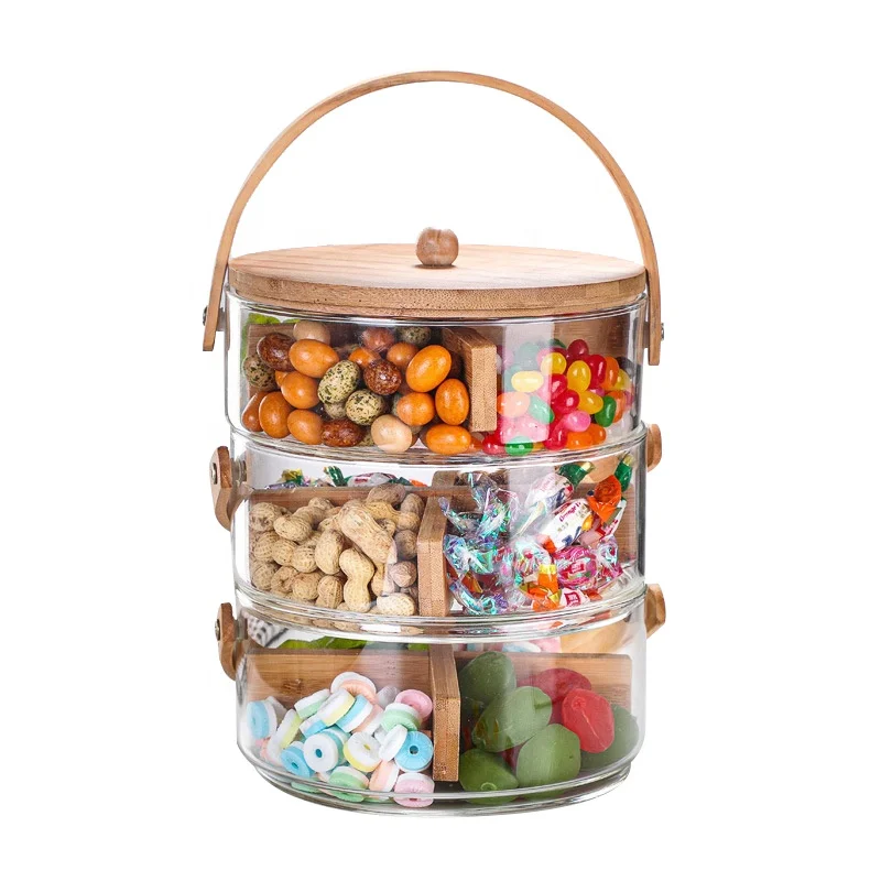 3 Tier Stackable Glass Food Storage Jars with Wooden Handle and Lid for Candy and Cookie