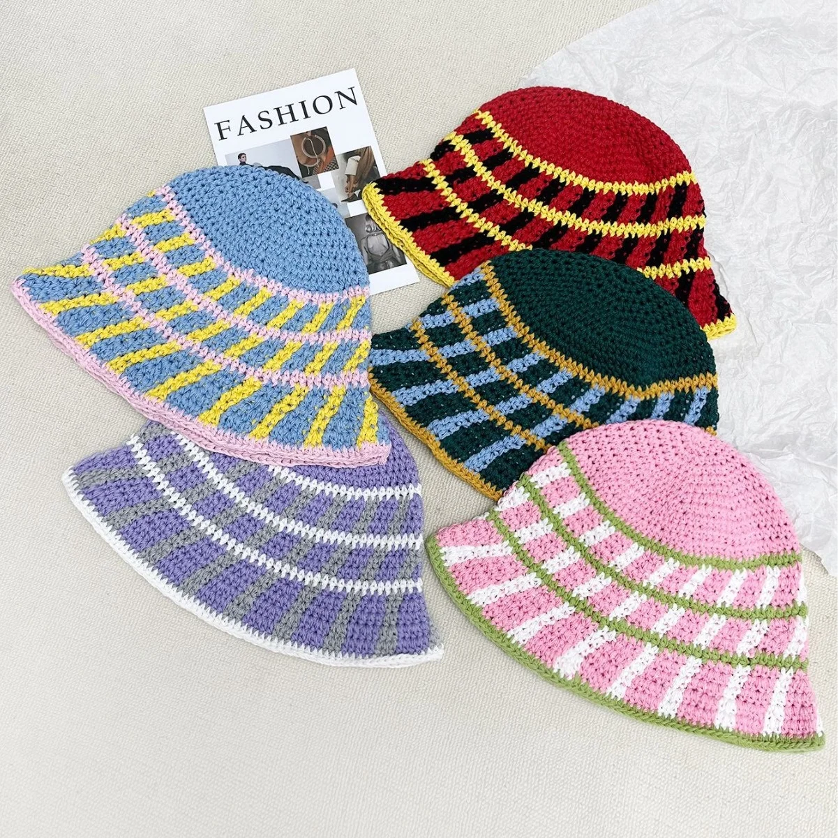 WD-A827  New Hand-Hooked Cotton Purple Knitted Hat Summer Foldable Crochet Bucket Hats For Women 2024