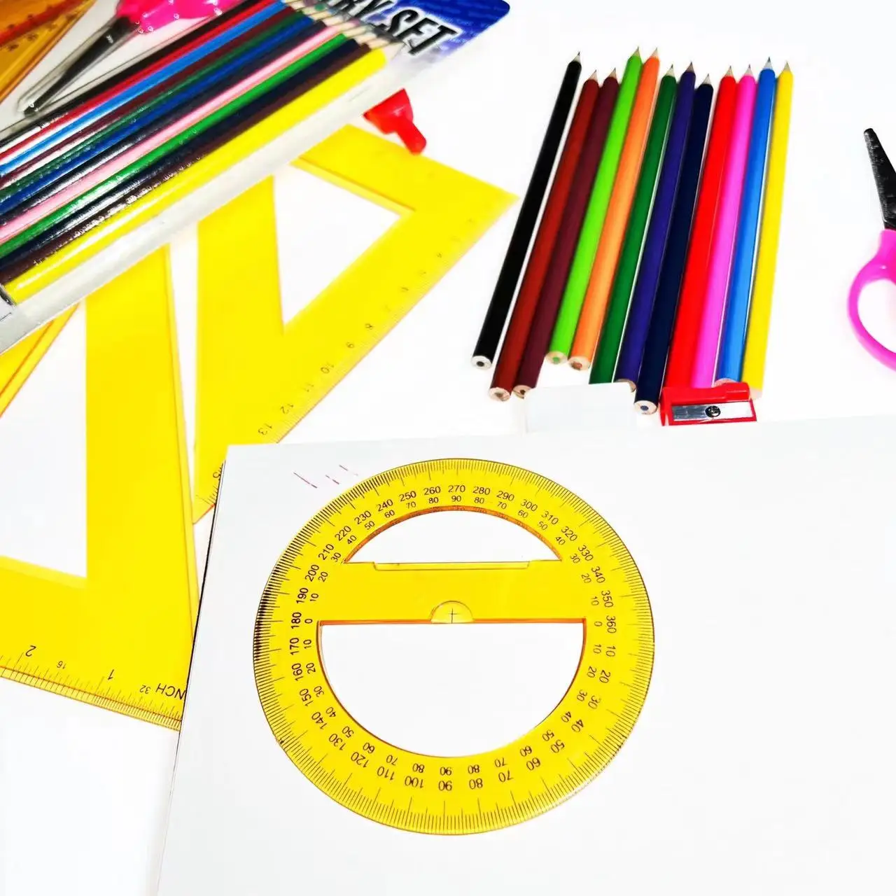 colour pencil  Student Drawing Stationery Plastic Ruler Triangular Protractor 30cm Set Ruler Learning Combination Ruler