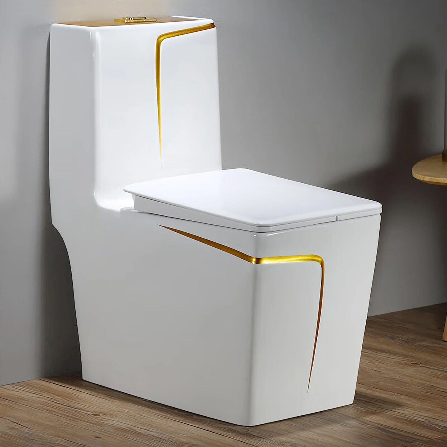 Modern Hot Sale Hotel Bathroom Freestanding Ceramic White Black Blue Gray Toilet with Gold Trim Floor Mounted One Piece Toilet