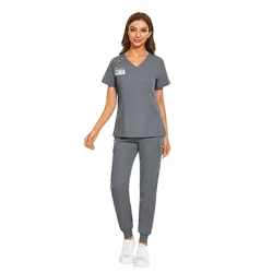 Fashionable Designs New Style Printed Logo Men Women Scrubs Uniforms Sets Joggers Spandex Medical Hospital Scrubs Uniforms