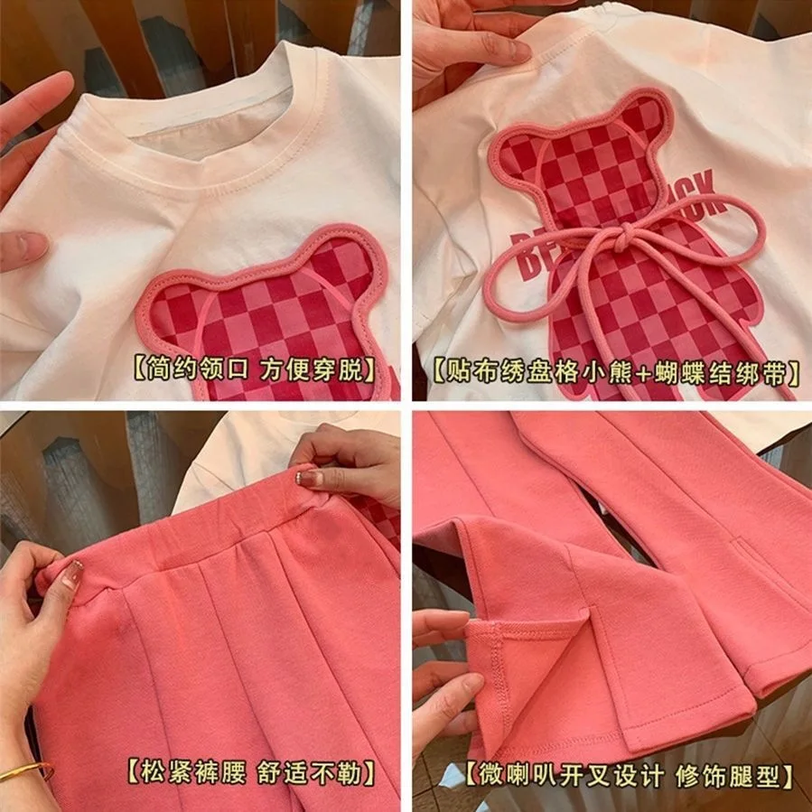 2023 Summer Kids Outfits Short Sleeve Plaid Cartoon Bear Print T Shirt Flared Slit Pants Two Piece Tracksuit Girls Clothing Sets