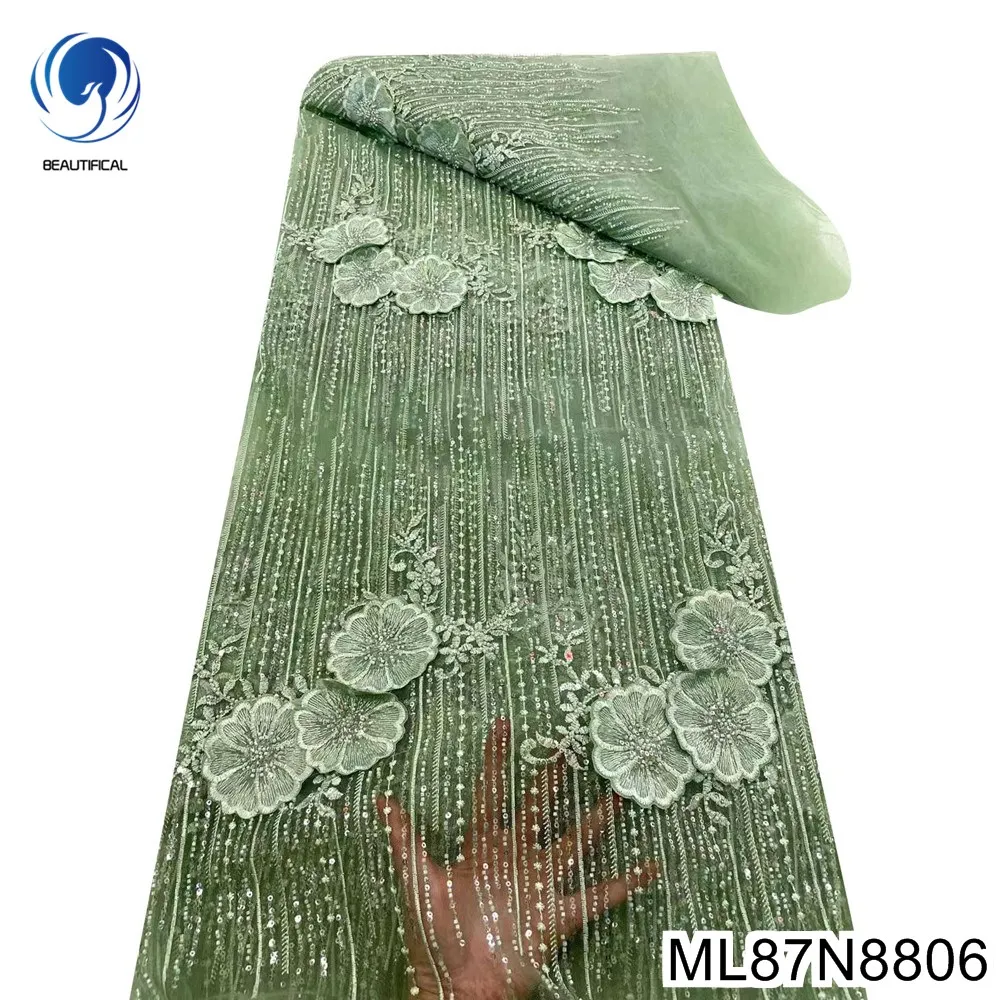 Beautifical African Lace Fabrics 2023 New Fashion 3d Nigerian net lace with sequins 5yards for wedding dress ML87N88