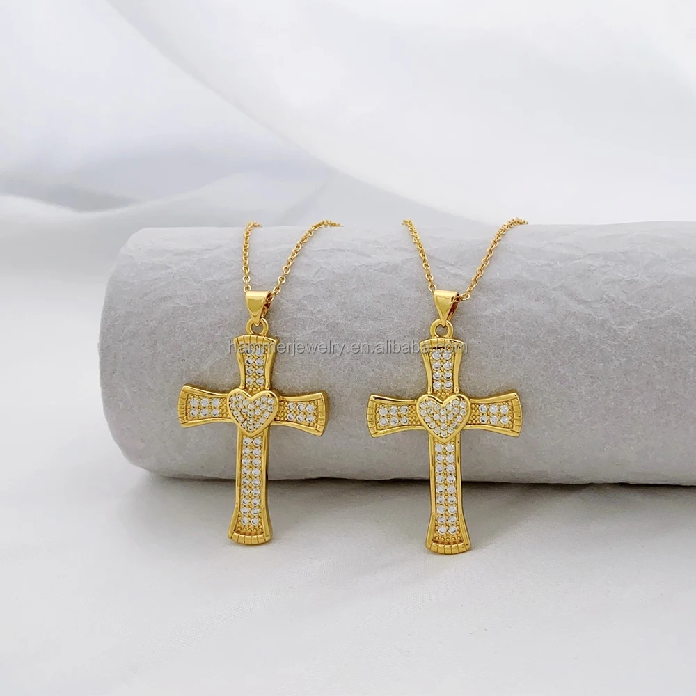Wholesale Brass with 18k colour Plated Center Heart-Shaped Zirconium Cross Chain Necklace