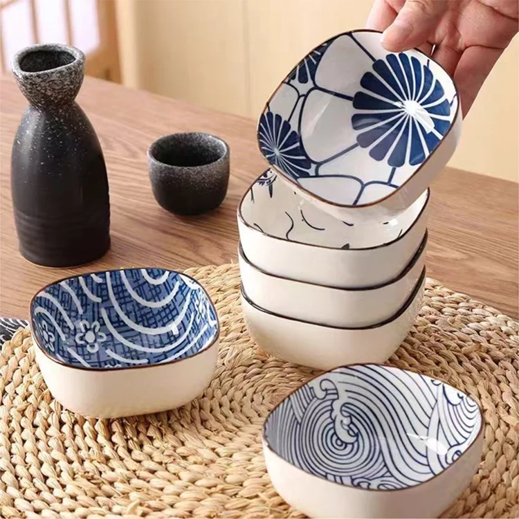 Cheap vintage blue sushi soy dipping bowls korean japanese style dinnerware sets 6 designs ceramic sauce dish for restaurant