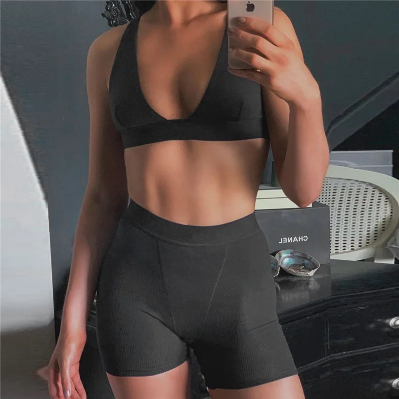 Custom high waist blank brand fitness ribbed brand bra biker shorts lounge wear sets plus size crochet outfit for women