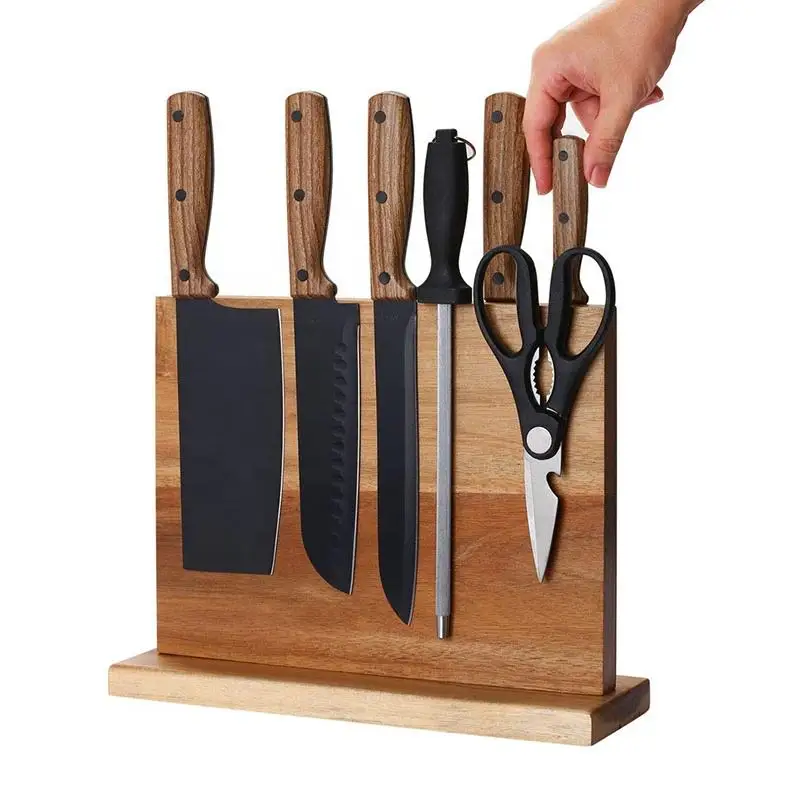 Double sides magnetic acacia wood storage block stand magnetic strip knife magnet holder wooden magnetic knife block