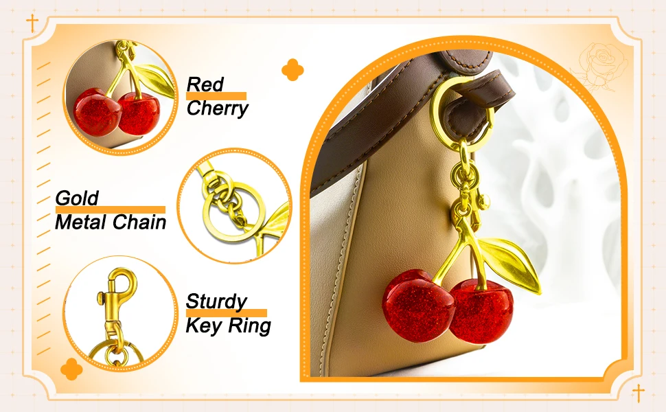 Cute Gold Cherry 3D Plastic Keychain 3D Alloy Carabiner Keyring Bag Charms for Women and Girls