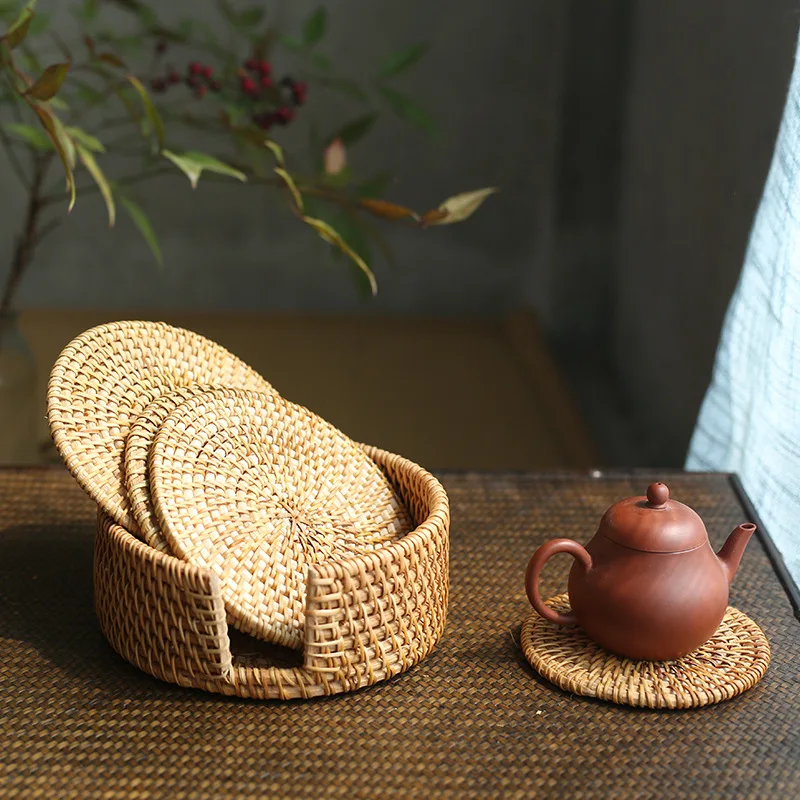 NEWELL Kitchen Accessories Cup Base Plates and Dishes Insulated Hot Pads Pot Holder Handwoven Natural Rattan Coaster Set