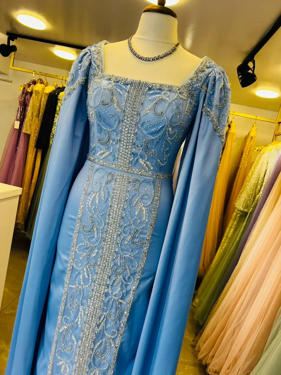 Blue Muslim Elegant Mermaid Cape Sleeves Evening Dresses Arabic Beaded Gowns 2023 For Women Wedding Party