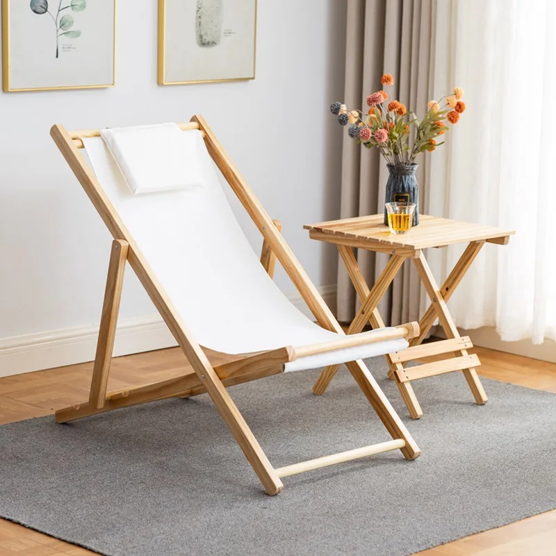 Outdoor Deck Bamboo Chair Relaxing Chair Garden Chair Backrest Adjustable in 4 Positions Canvas Seating Area